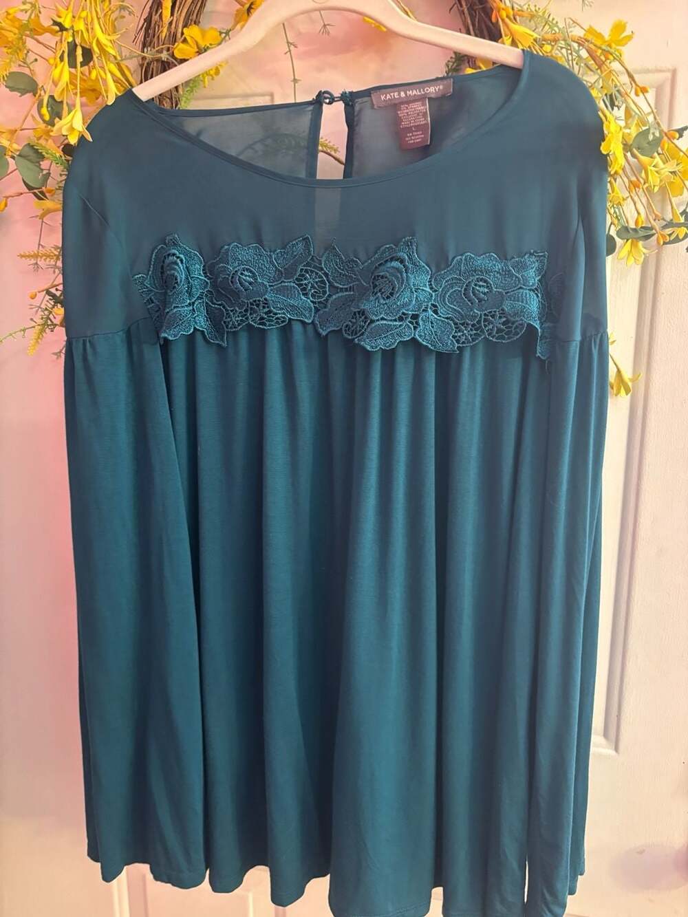 Kate & Mallory Teal Green Bell Sleeve Floral Lace Yoke Top